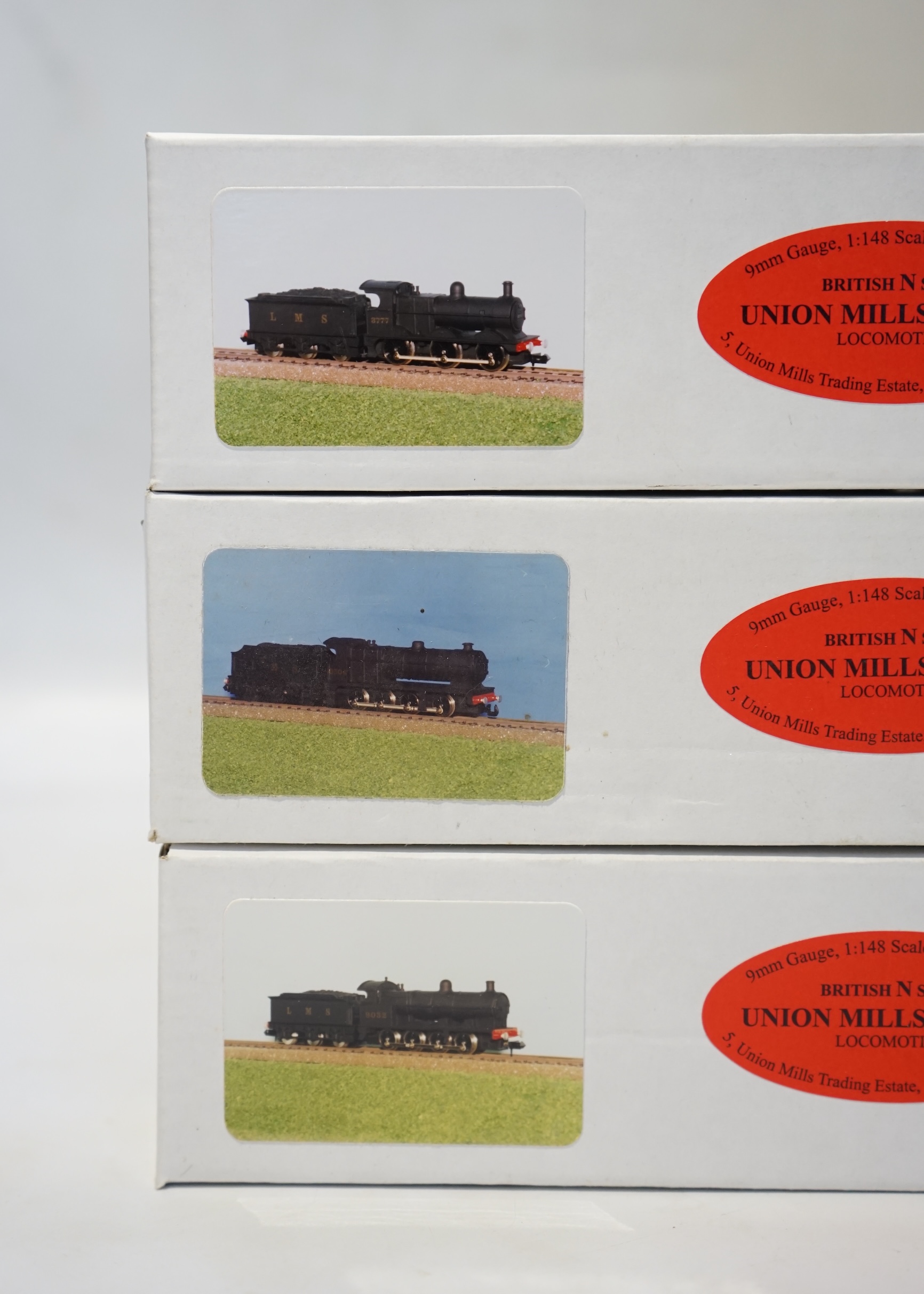 Three boxed Union Mills N gauge railway LMS tender locomotives; a Class G2, 9032, a Class 3F, 3777, and a Class 7F, 9504. Condition - good.